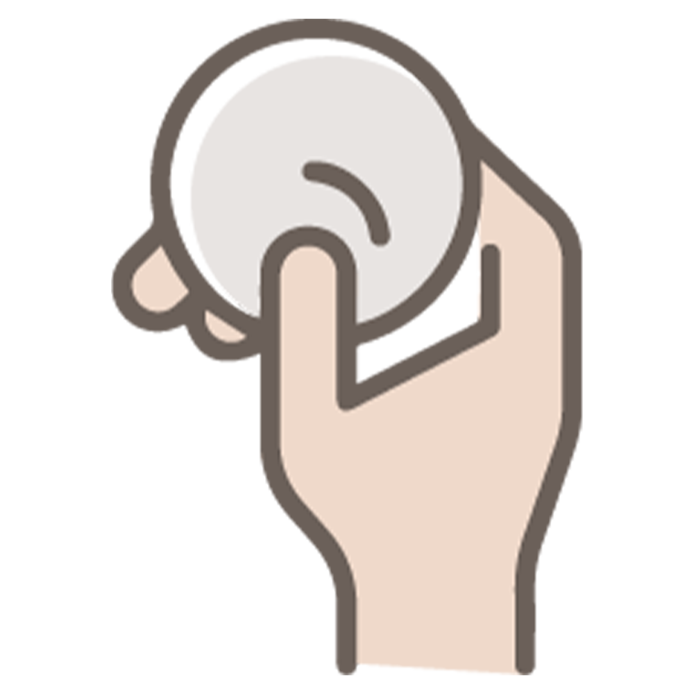 A stylized illustration of a hand holding a round, grey object between the thumb and forefinger, subtly hinting at the myriad coconut oil benefits.