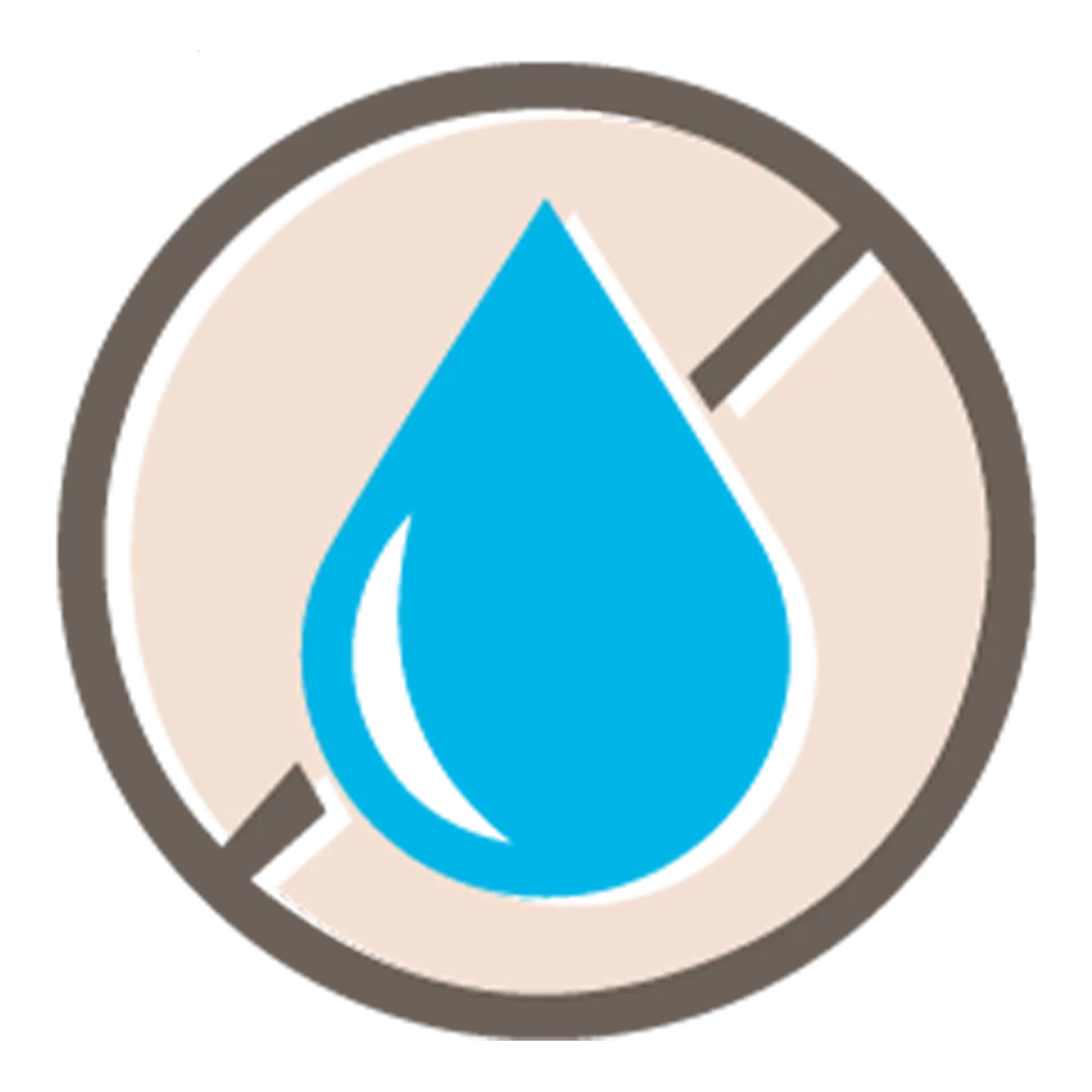 A blue water droplet symbol sits within a circular icon. The circle has a gray border and a beige background, with a diagonal line running through the center of the droplet, suggesting restrictions or limitations related to water. This contrasts with the abundance of coconut oil benefits often touted for their versatility.