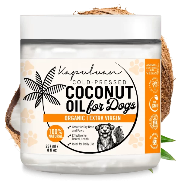 A jar of Kapuluan Coconut Oil for Dogs features a coconut and leaf design on the label, highlighting its organic, extra virgin, 100% natural, and non-GMO qualities. It's ideal for daily use and offers benefits for dry noses, paws, and dental health.