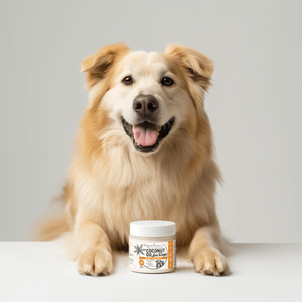 A fluffy, light brown dog with a joyful expression sits behind a container labeled "Coconut Oil for Dogs" on a white surface. The plain, light gray background accentuates the dog's cheerful demeanor.