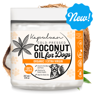 A jar of Coconut Oil for Dogs by Kapuluan, featuring an organic, extra virgin, 100% natural, vegan, non-GMO, and animal cruelty-free formulation. The 8 fl oz (237 ml) jar is ideal for addressing dry nose, paws, and enhancing dental health.